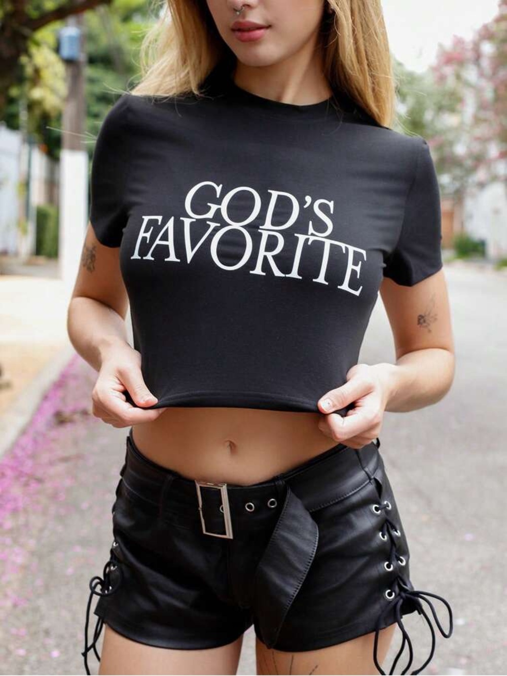 SHEIN Black Crop Tee with White "GOD'S FAVORITE" Graphic